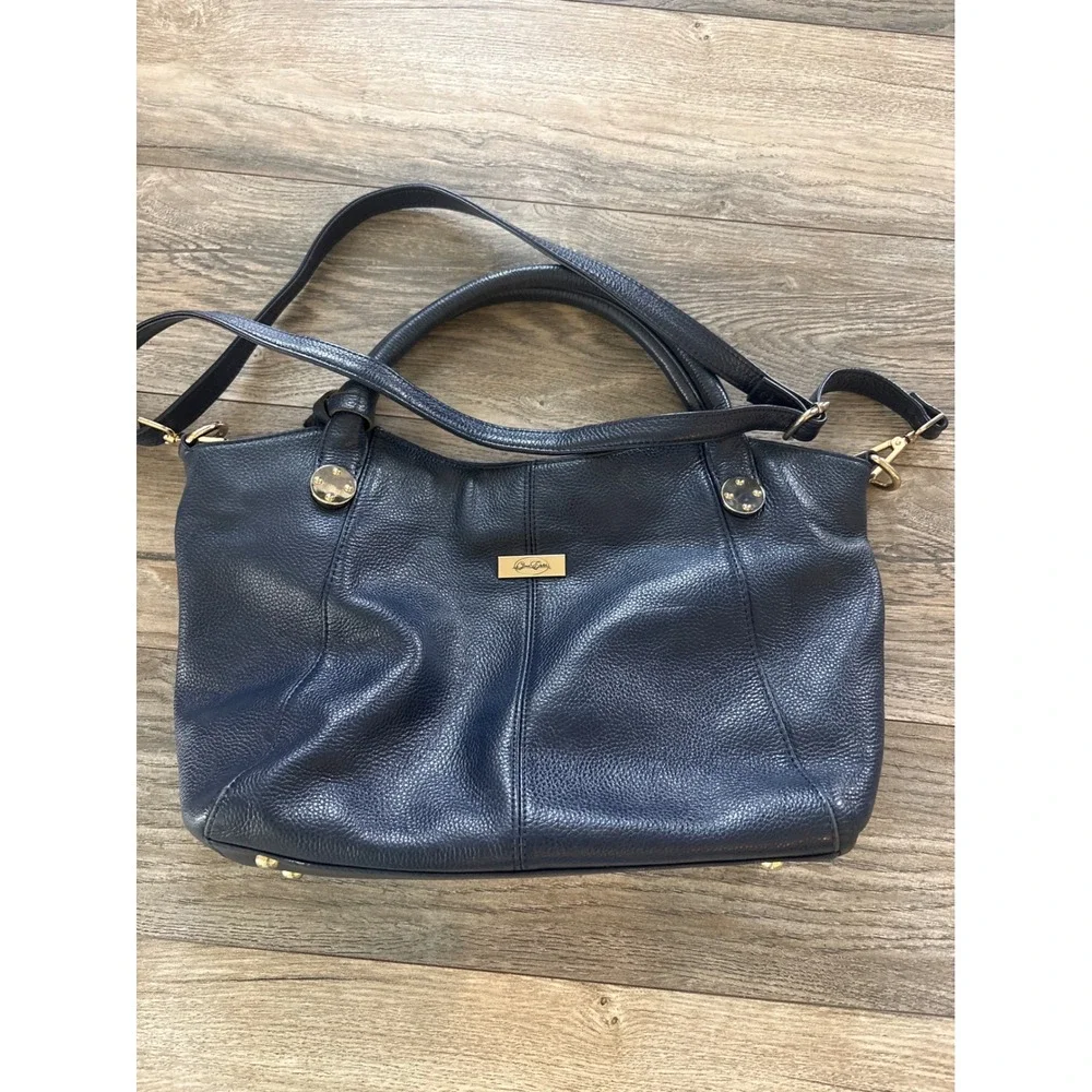 Donna Elissa Navy Blue Pebbled Leather Satchel Crossbody Bag Gold Hardware
